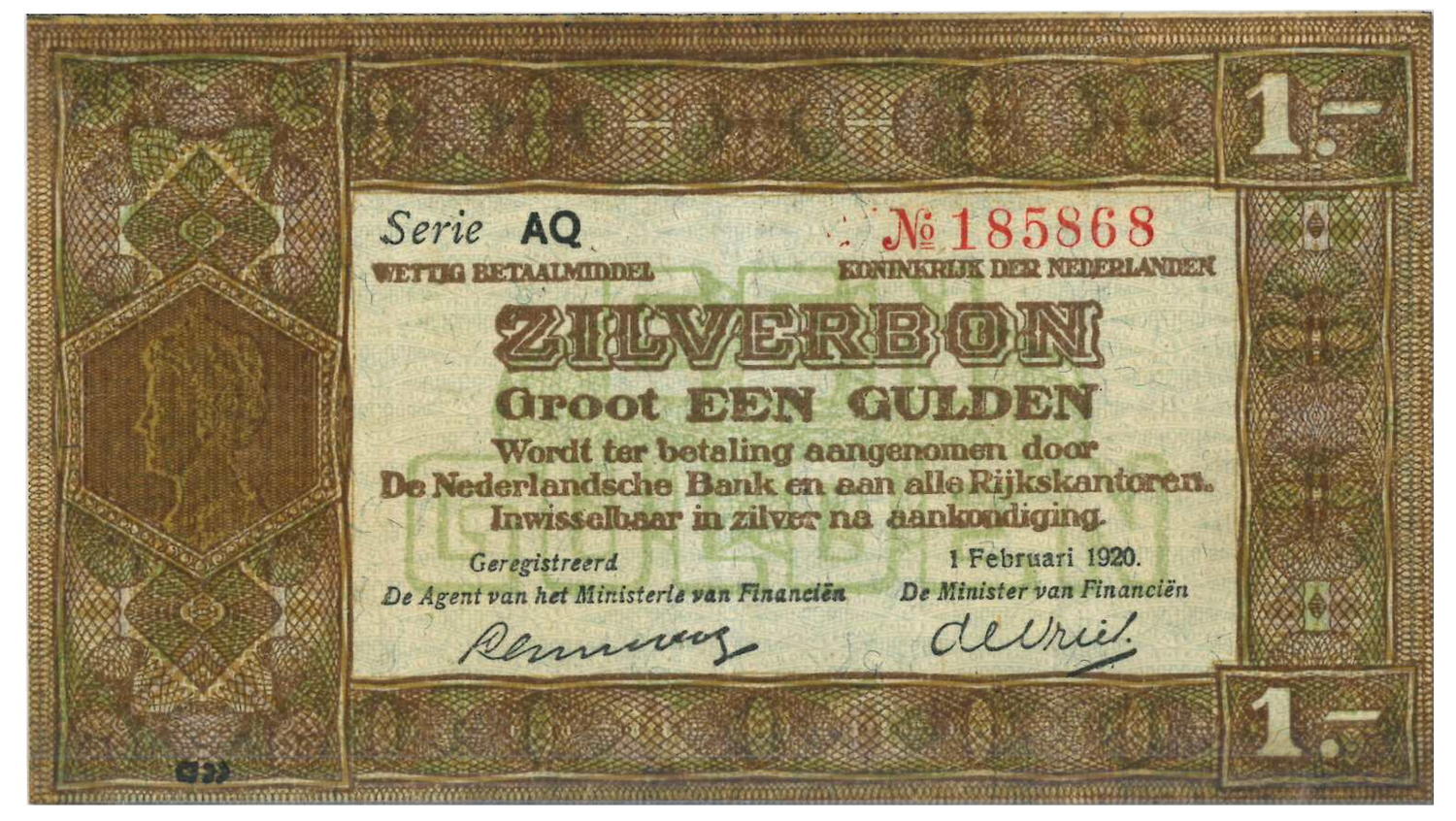 Zilverbon 1 gulden uitgeven in 1920. zilverbon 1920